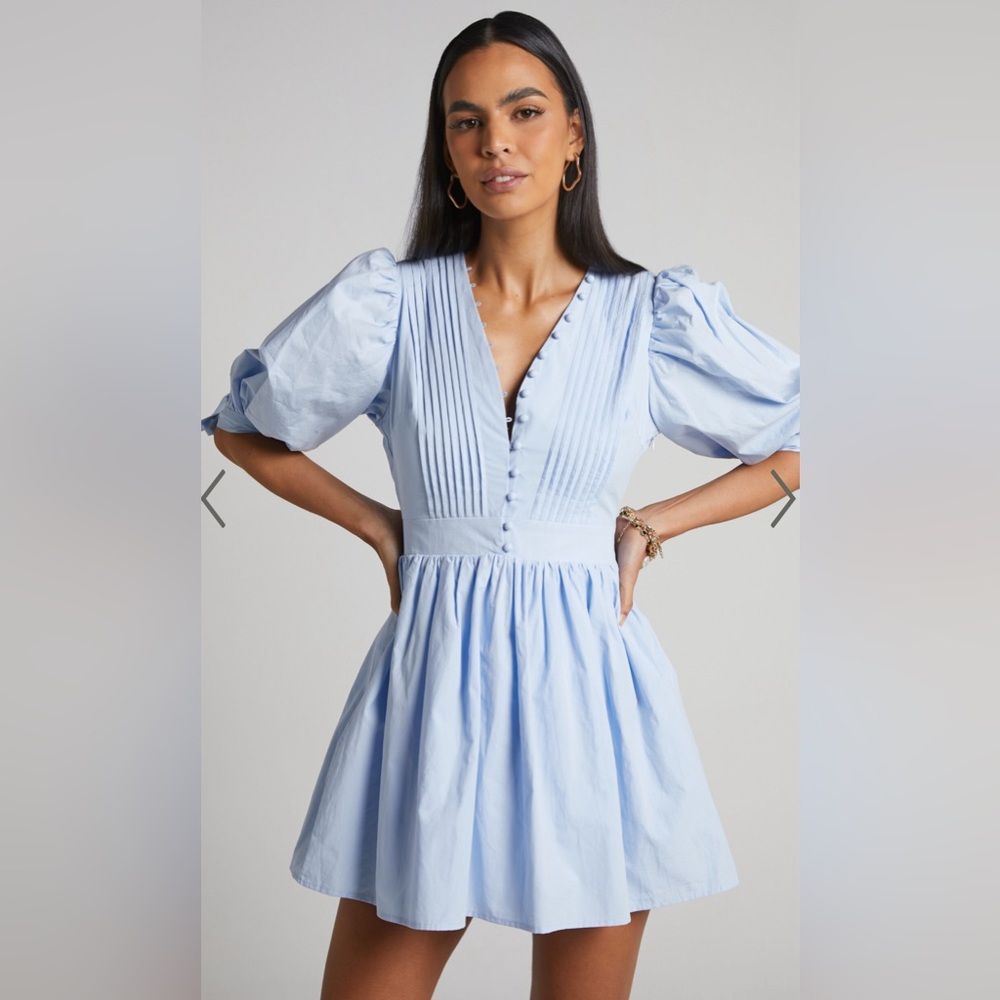 Showpo ZANDRA MINI DRESS - PUFF SLEEVE POPLIN DRESS IN ICY BLUE